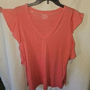 Time and Tru Coral V-Neck Flutter Sleeve Top